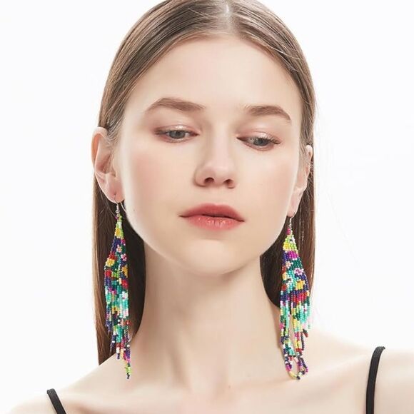 Flower Bohemian Seed Bead Tassel Dangling Statement French Wire Hook Earrings - Picture 4 of 6